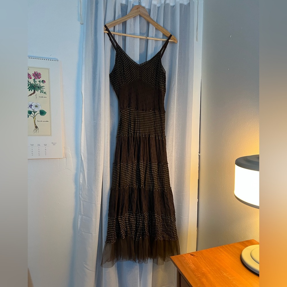 Etcetera Brown & White Ruffled Tiered Maxi Dress